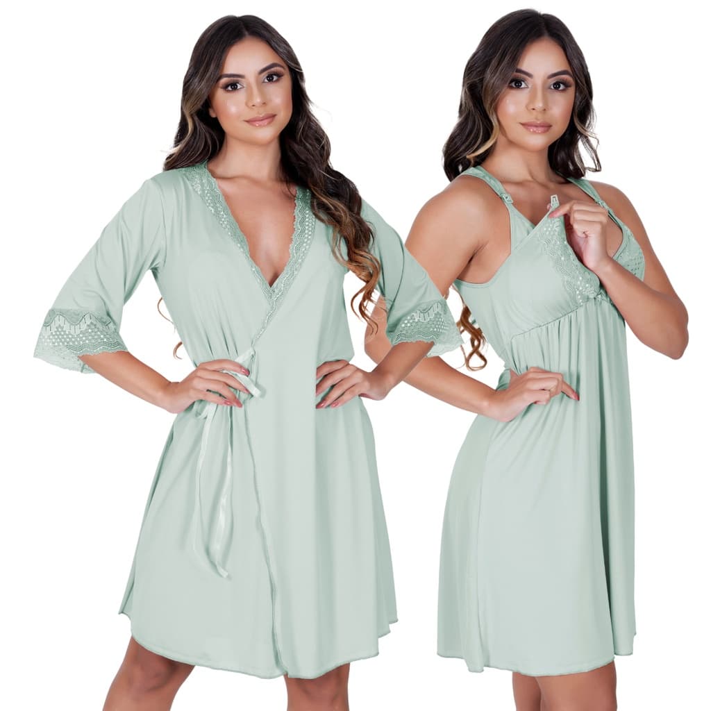 Kit Camisola de Amamentação Com Robe Gestante Maternidade Pós-Parto