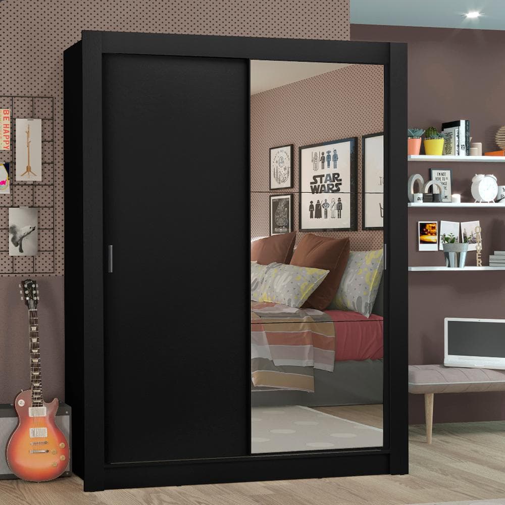 Guarda Roupa Solteiro 2 Portas de Correr com Espelho Preto Madesa Denver
