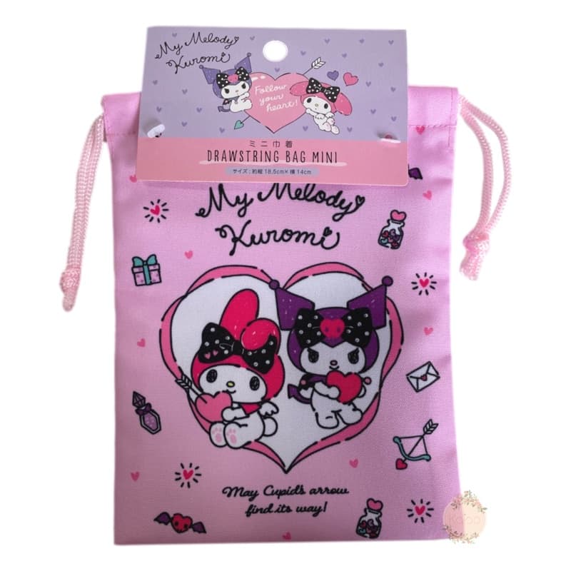 Bolsinha / Saquinho com Cordão Sanrio - MY MELODY & KUROMI Heart 18,5x14cm