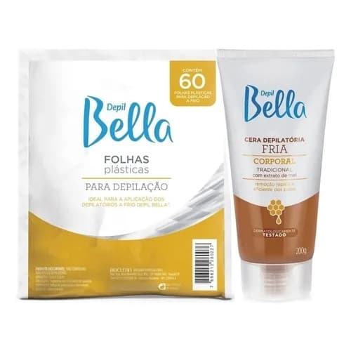 Kit Depil Bella com Cera fria bisnaga 200gr + Folha Plastica com 60 Unidades