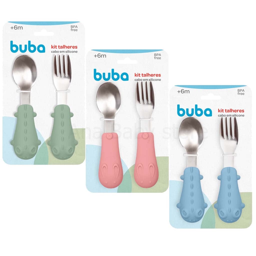 Kit Talheres Aço Cabo Em Silicone Infantil Buba Kit Colher E garfo buba