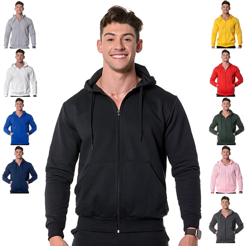 Moletom Masculino com Ziper Liso Canguru Blusa com Capuz