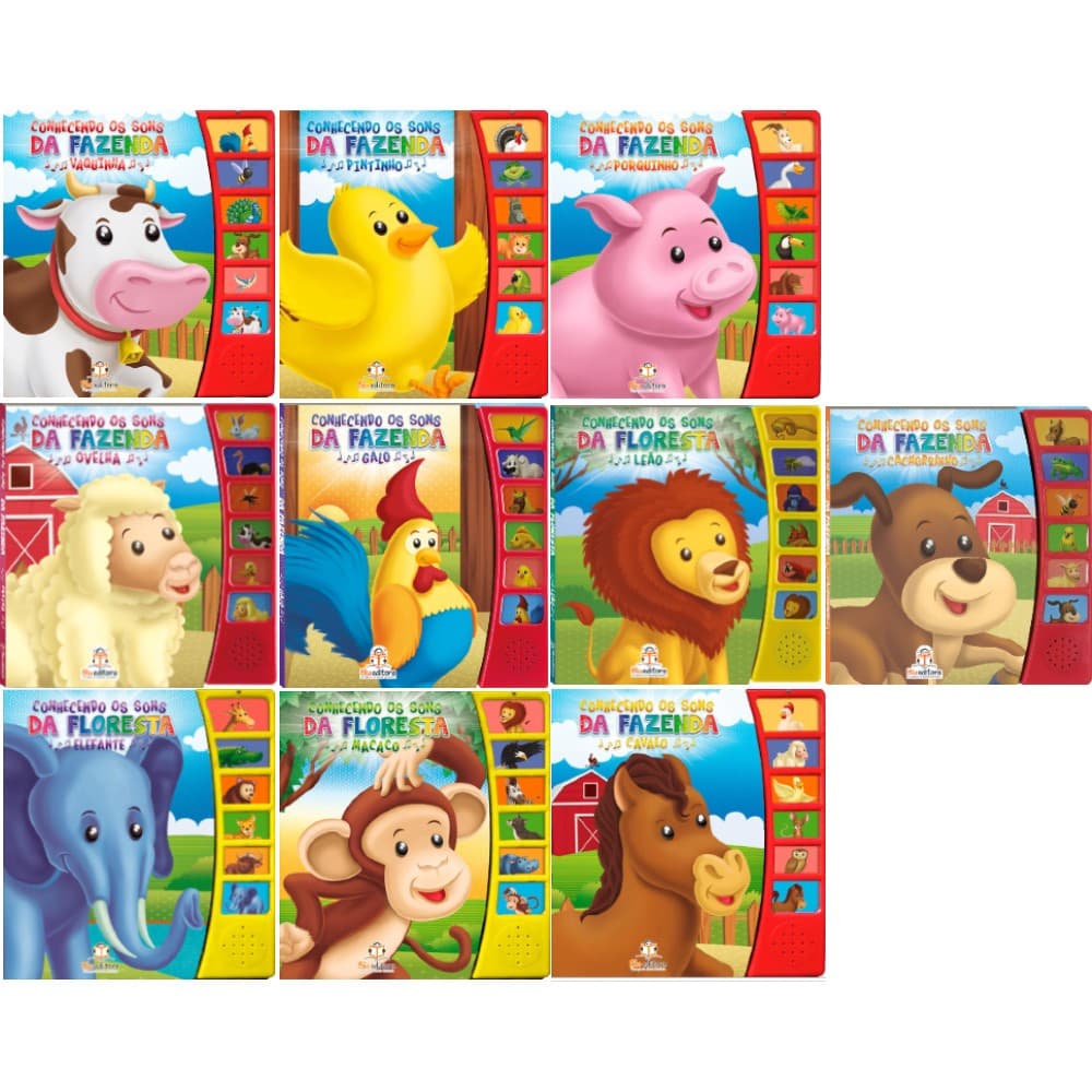Escolha entre 10 Livros Sonoros - Conhecendo os Sons dos Animais - Galo, Vaquinha, Pintinho, Ovelha, Cavalo, Leão, Elefante, Cachorrinho, Porquinho e Macaco