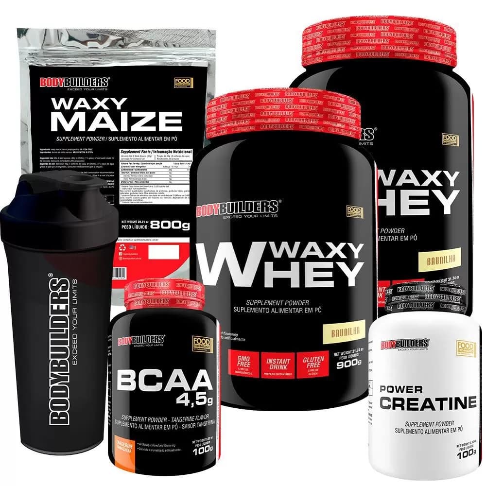 Kit 2x Waxy Whey Protein 900g + Waxy Maize + Creatina 100g + BCAA 100g + Shaker - BodyBuilders