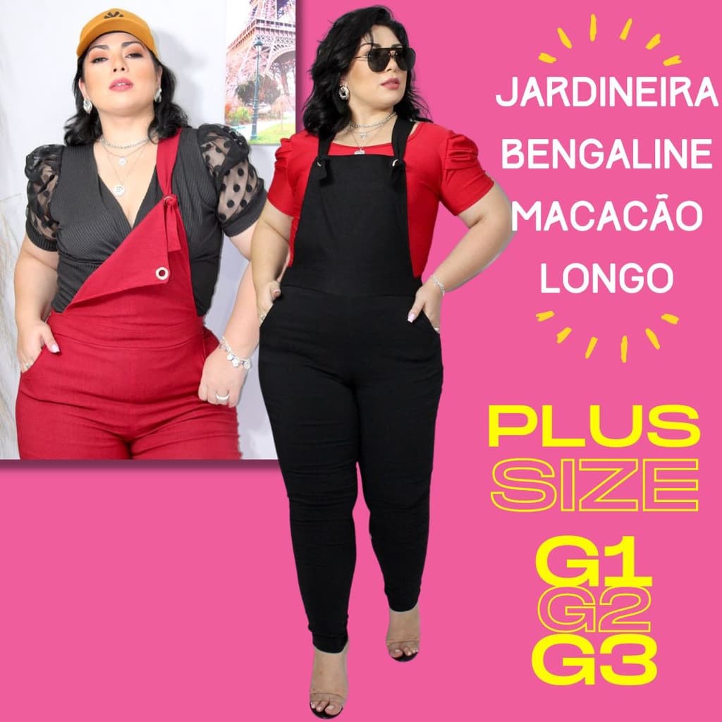 Jardineira Macacão Plus Size Bengaline Tamanho Grande Feminino Bolso e Ziper Salopete Moda Maior GG G1 G2 G3 G4