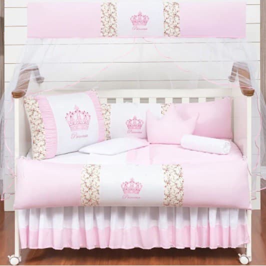 kit jogo protetor de berço menina coroa rosa claro 12 peças com cortina black friday
