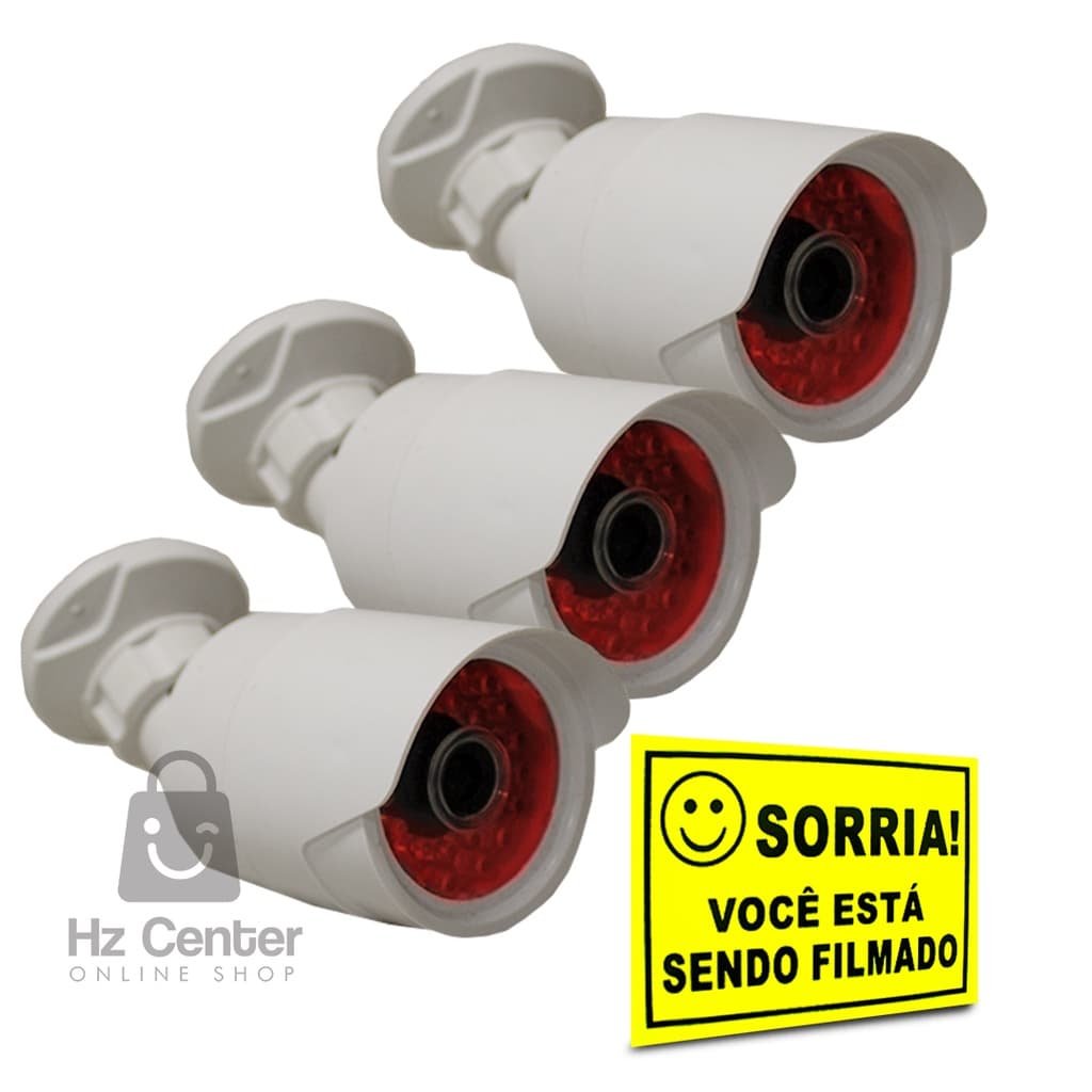Kit 03 Câmeras Falsas Infravermelho Led + Placa Sorria Você está Sendo Filmado