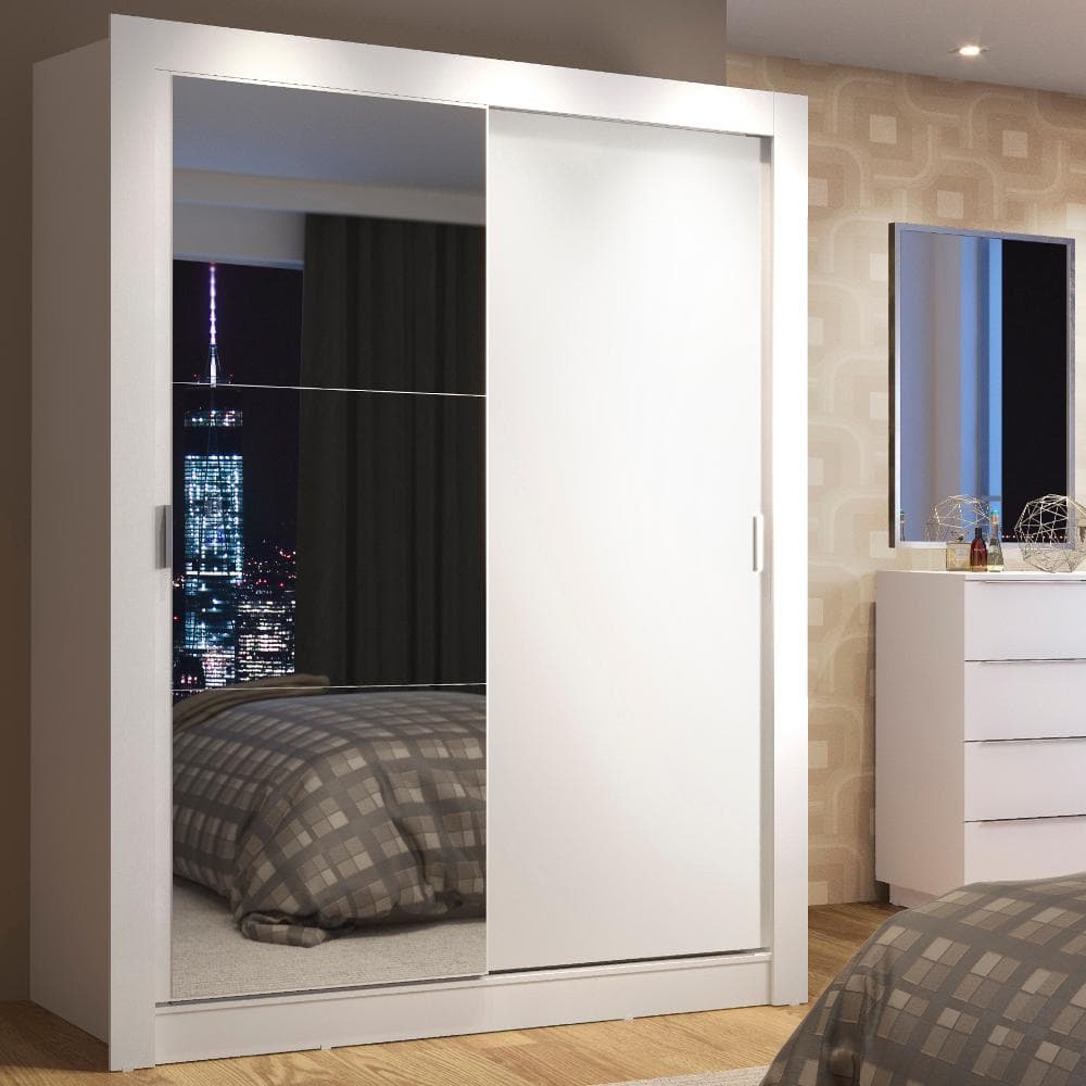 Guarda Roupa Solteiro 2 Portas de Correr com Espelho Branco Madesa Denver