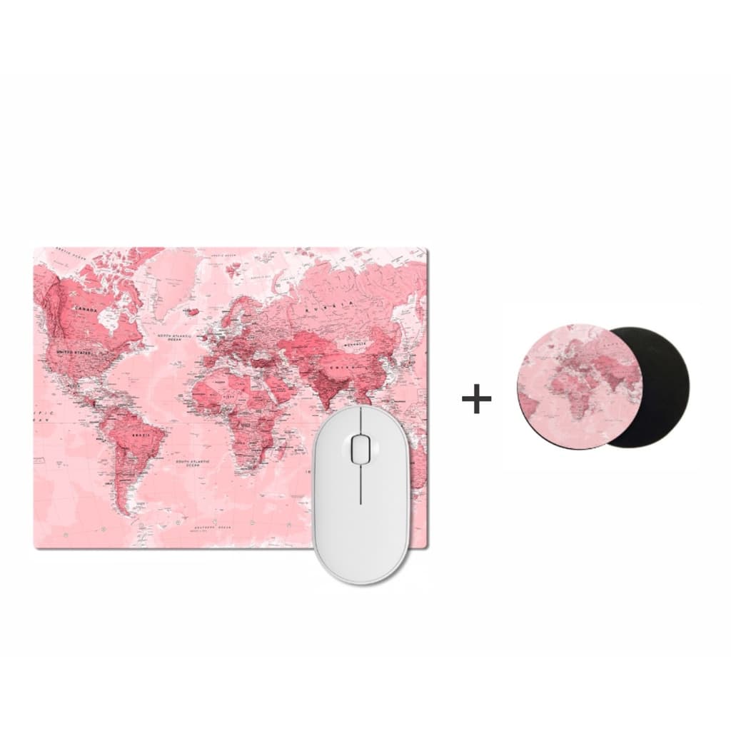 Mouse Pad Retangular + Porta Copos Mapa Rosa