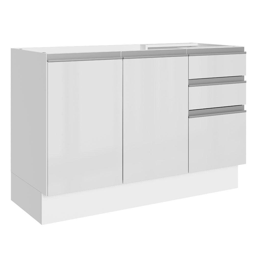 Balcão Gabinete Pia Cozinha 100% MDF 120cm 3 Portas e 2 Gavetas Portas Branco Brilho Acordes Madesa