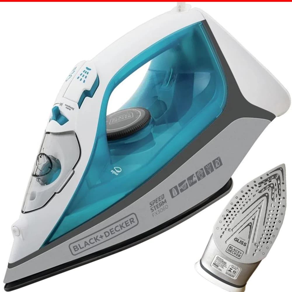 Ferro de Passar Roupa Black Decker a Vapor FX3060 Base antiaderente  ANTI GOTEJAMENTO Branco e azul