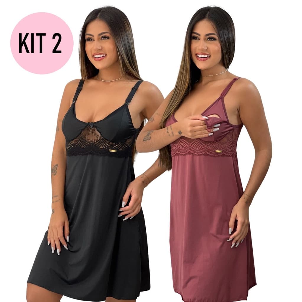 Kit 2 Camisola Amamentar Feminina Renda Saída Maternidade Pós Parto Cirurgia