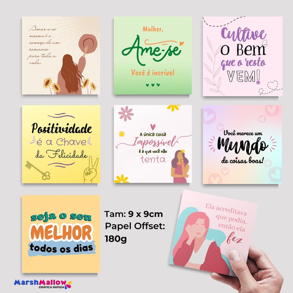 Cartão Postal Frase Motivacional Agradecimento ao Cliente Quadrado 9x9cm Papel Offset Fosco para loja, ecommerce
