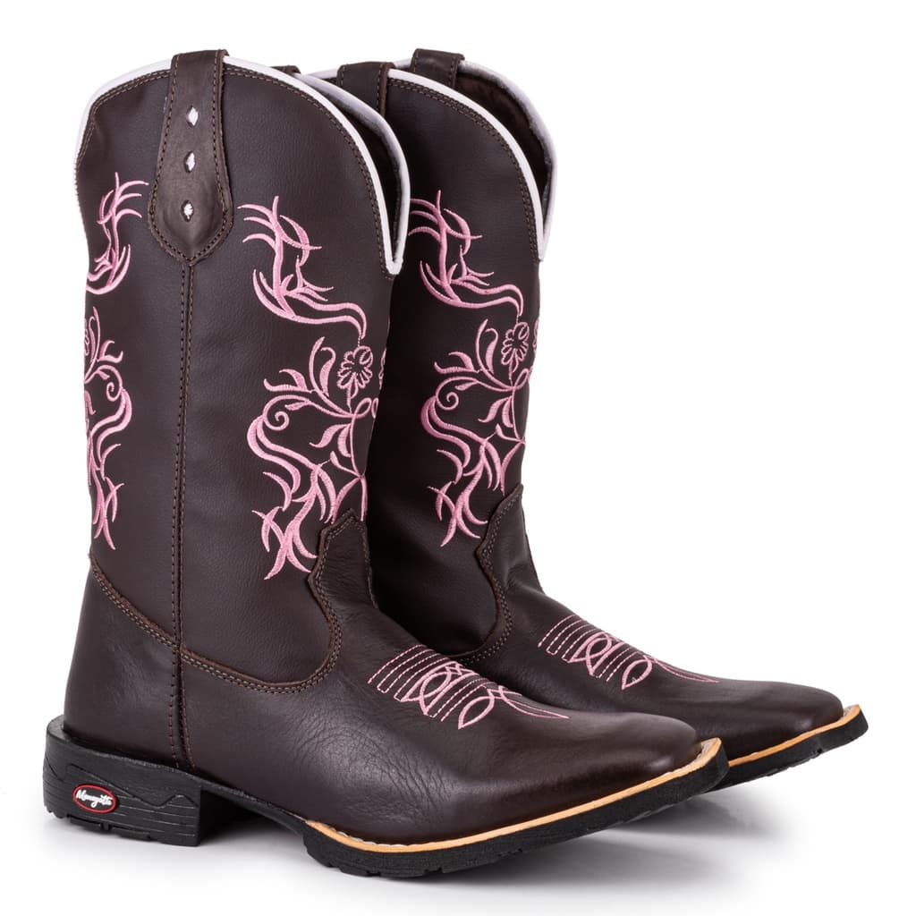 Bota Texana Country  Feminina Tribal Rosa Bordada Bico Quadrado Solado Costurado