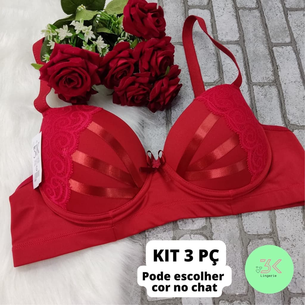 KIT 3 sutiã sutiã com bojo reforçado alça larga luxo 3 fitas lingerie sutian (3 pç 3 fitas)