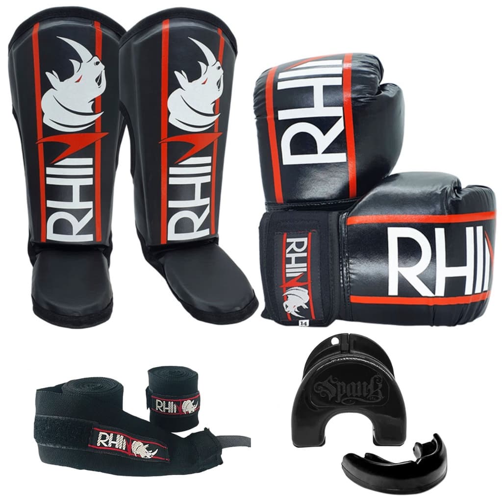Kit Treino Muaythai Rhino com Luva + Caneleira + Bandagem + Bucal