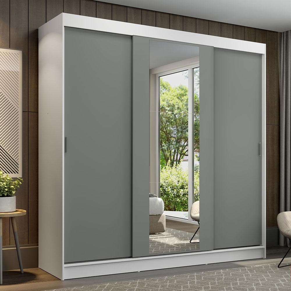 Guarda Roupa Casal 3 Portas de Correr com Espelho Branco/Cinza Madesa Reno