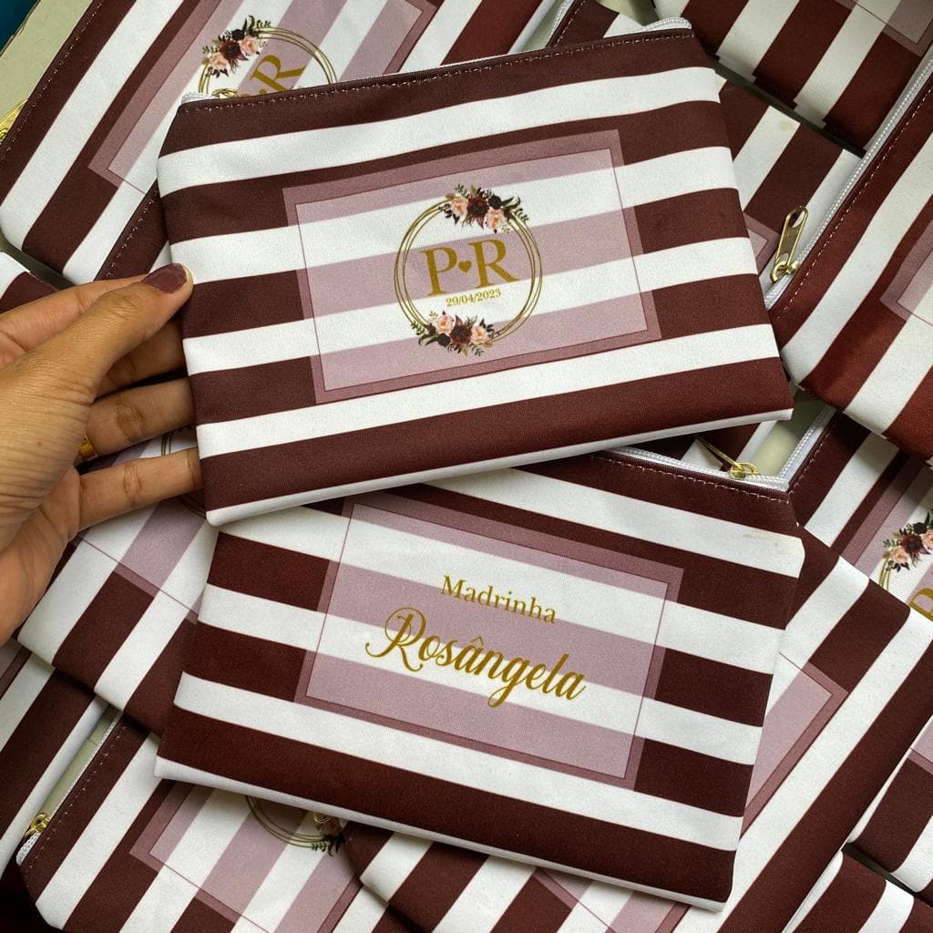 Necessaire Personalizada Casamento Listras Marsala Com Nome para Lembrancinha Tamanho 14x19