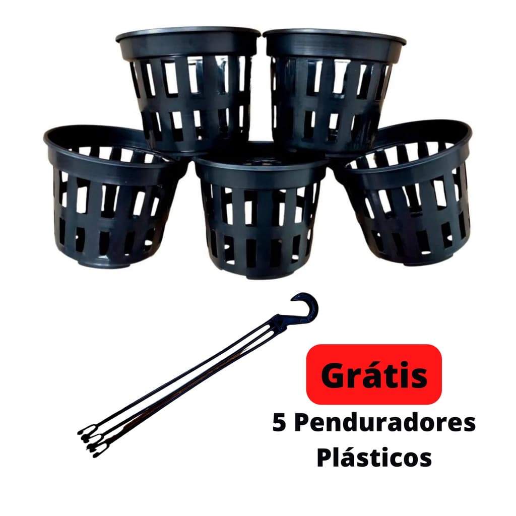 Kit 5 Vasos Para Orquídeas Vazado Preto Plásticos PT15 - Grátis Penduradores