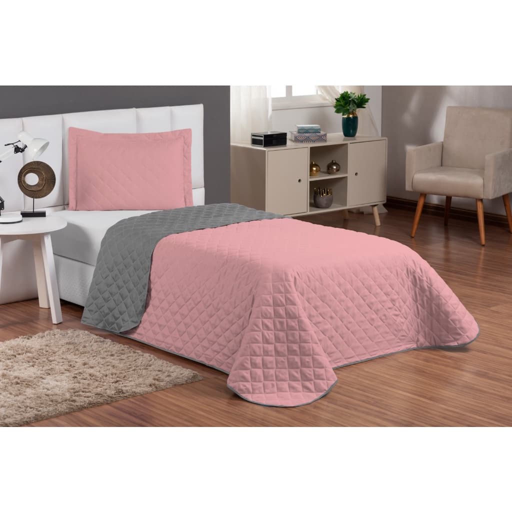 Jogo De Cama Solteiro Cobre Leito Dupla Face Com Viés Pink/caqui menina