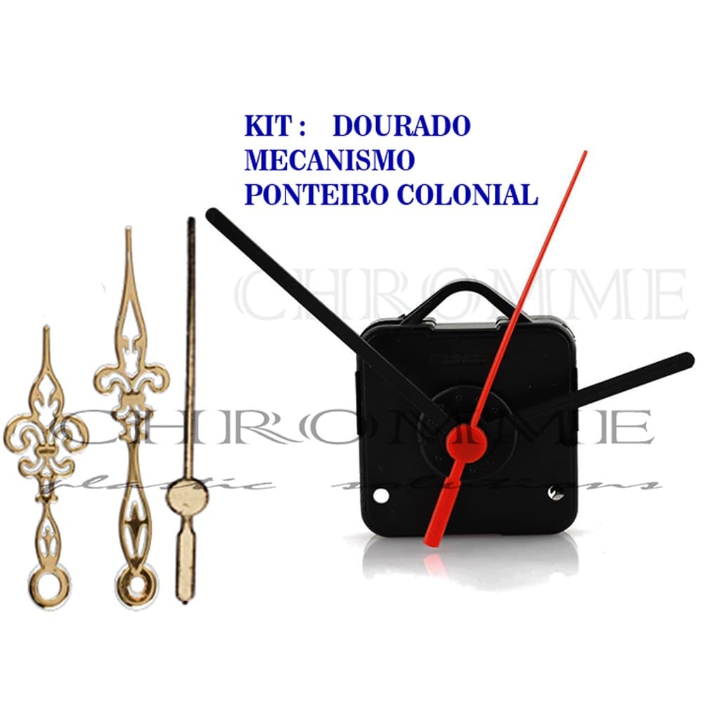 Kit de 5 Maquinas Eixo 22 m.m Continuas ( Silenciosas ) Para Relógios + 5 Ponteiros Coloniais - Kit Dourado