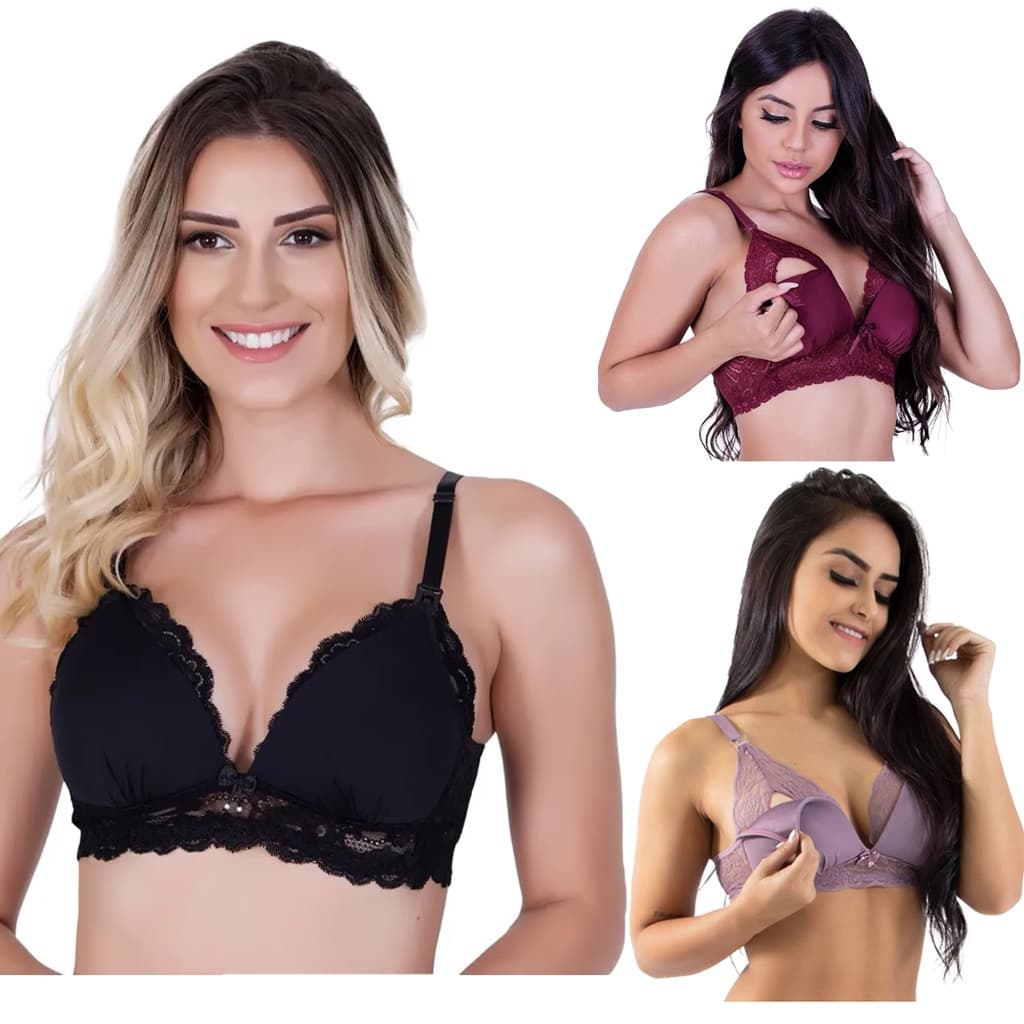 Kit 3 Sutiã de Amamentação Com Bojo Reforçado em Renda Maternidade Pós Parto