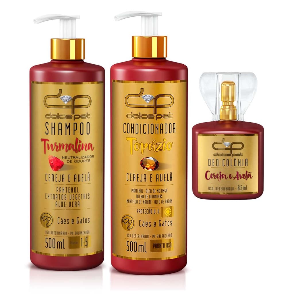 Kit Dolce Pet Shampoo Neutralizador de Odores + Condicionador + Perfume Cereja e Avelã Cães e Gatos