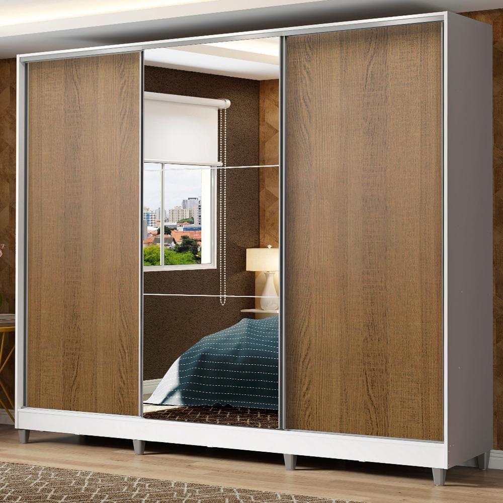Guarda Roupa Casal 100% MDF Madesa Zurique 3 Portas de Correr com Espelho com Pés - Branco/Rustic