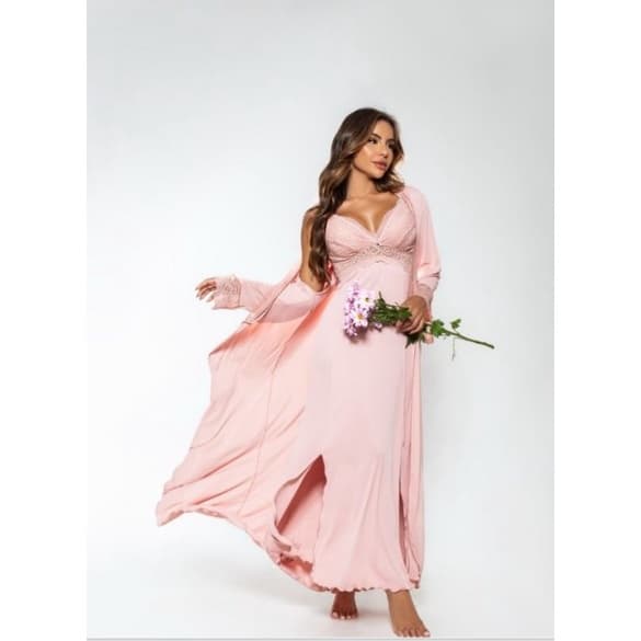 kit conjunto camisola longa e robe amamentação com fecho click promoção luxo poliamida. saida de maternidade