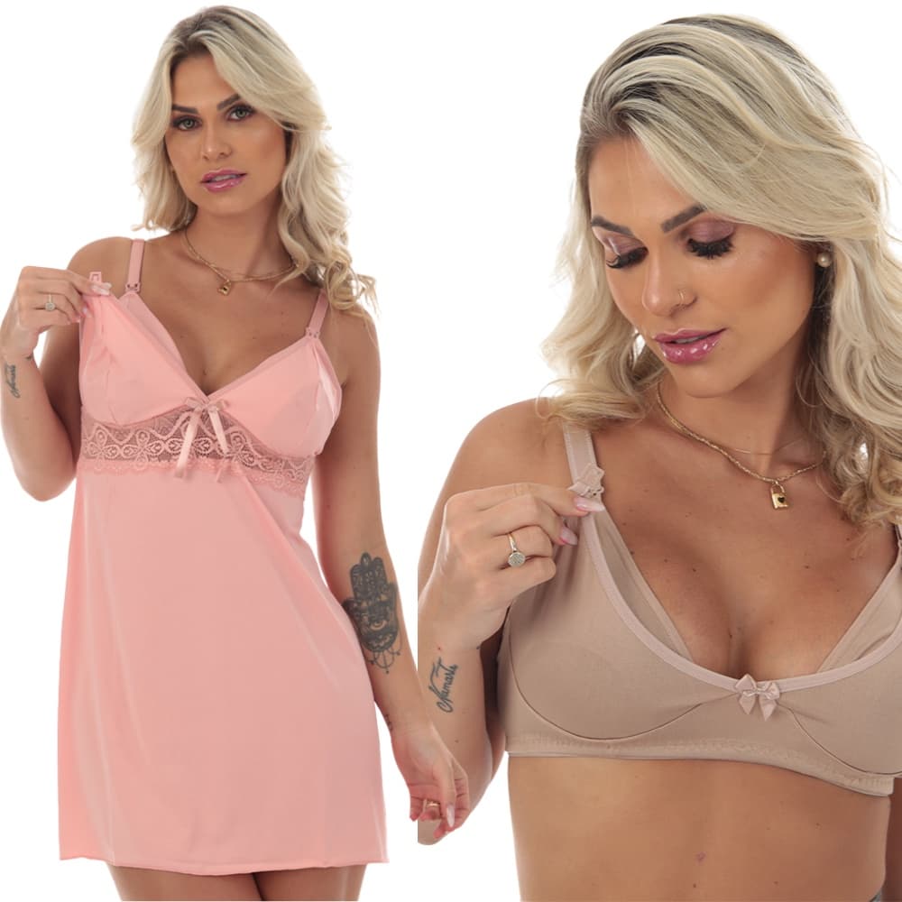 Kit Camisola e Sutiã Amamentação Abre Fácil Para Amamentar Gestante Pós Parto Mamãe Gravida Saída Maternidade