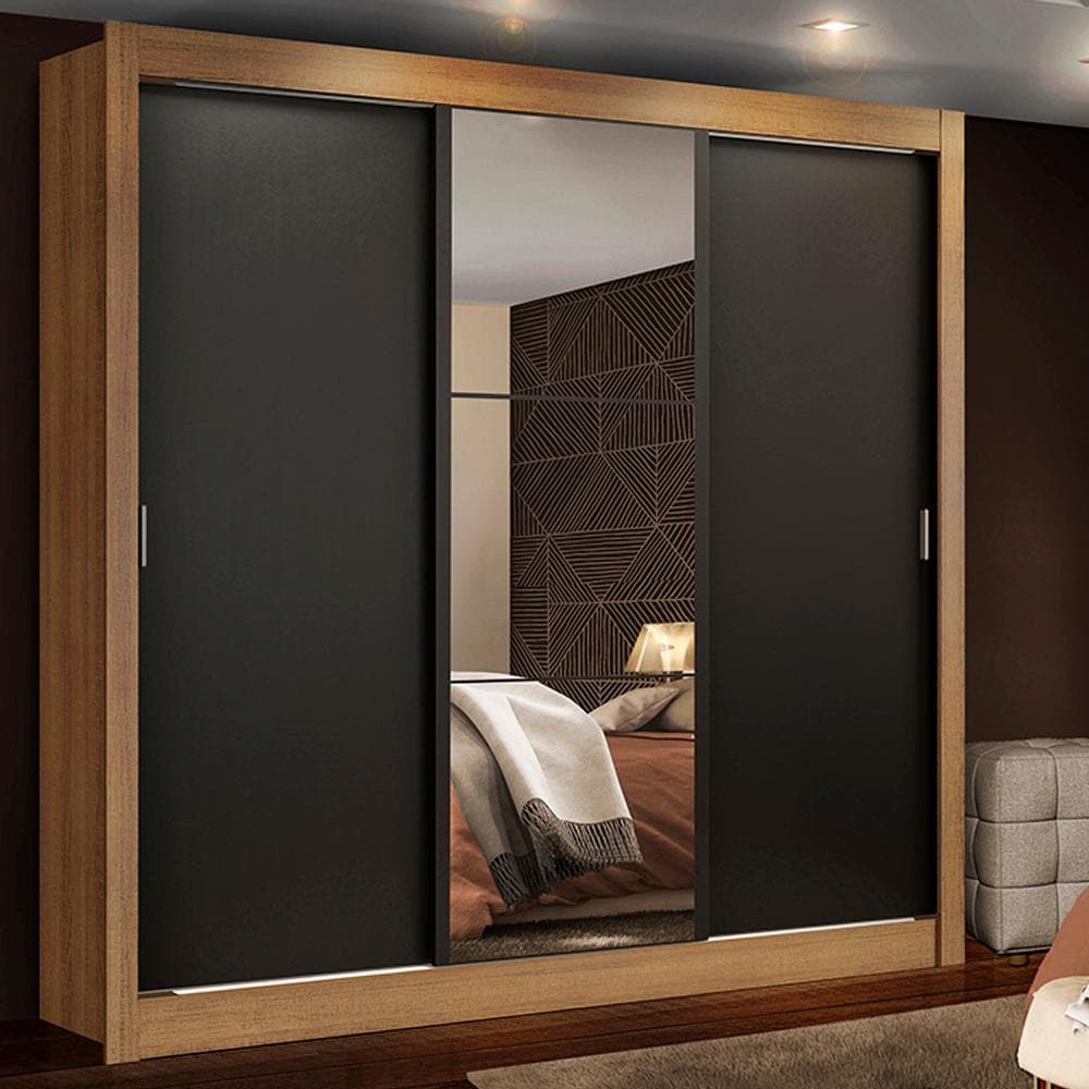Guarda Roupa Casal Madesa Mônaco 3 Portas de Correr com Espelho - Rustic/Preto