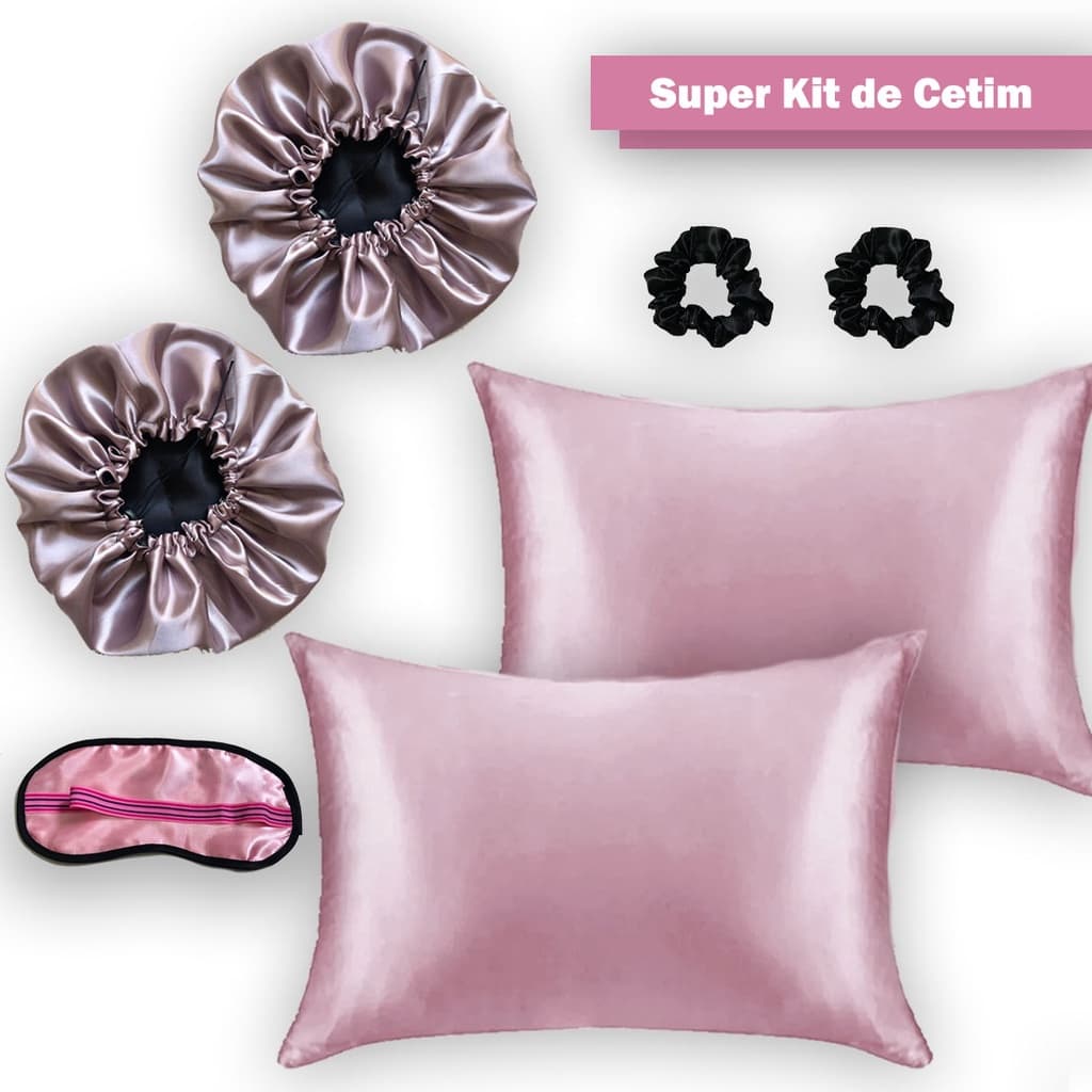 Kit Touca Cetim Dupla Face Ajustável 6 Peças Seda + mascara de dormir