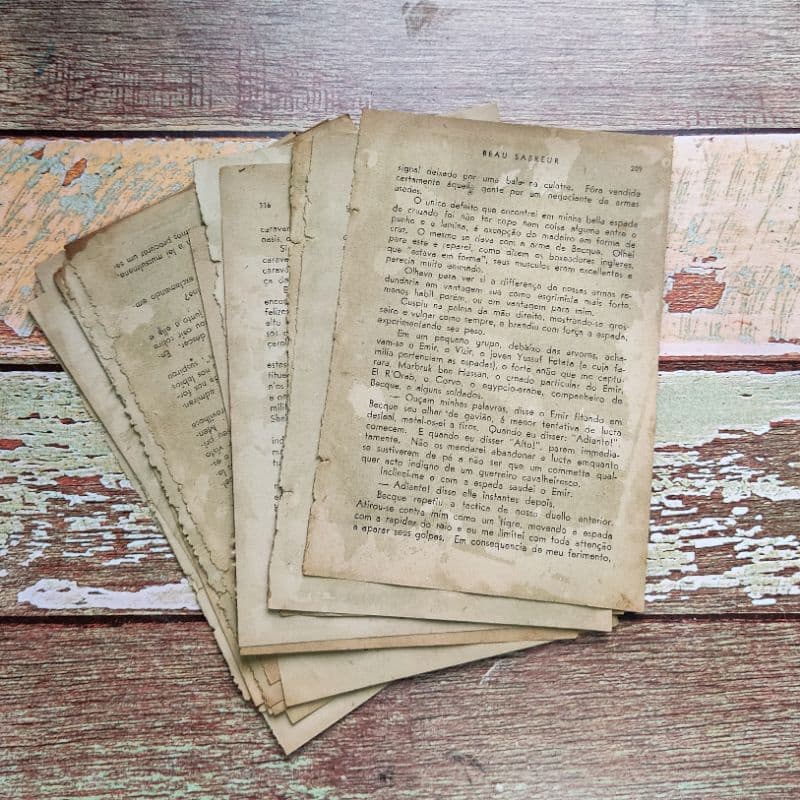 Kit15 Folhas Envelhecidas de livro antigo, para Scrapbook, Agendas e Journal
