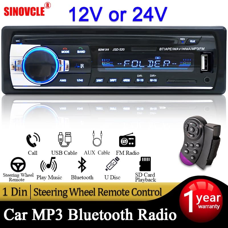 Som Automotivo Rádio De Carro Bluetooth USB MP3 Player 1 Din 4×60W Estéreo FM 12V/24V