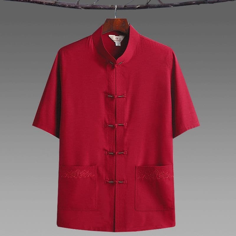 Qian Dai Terno Tang De Meia-Idade E Idosos + Algodão Cor Sólida Masculina Camisa Casual Tradicional Chinesa De Linho Mas