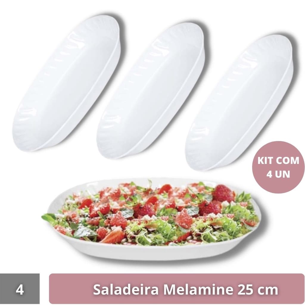 4 Saladeiras Tigelas Travessas Oval Melamine Branca 25 Cm