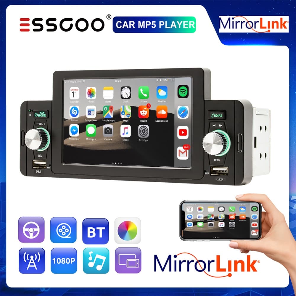 ESSGOO 5 " HD Touch Screen Rádio Do Carro 1 Din Espelho Link Bluetooth MP5 Player FM/USB/AUX Do Carro Central Multimídia
