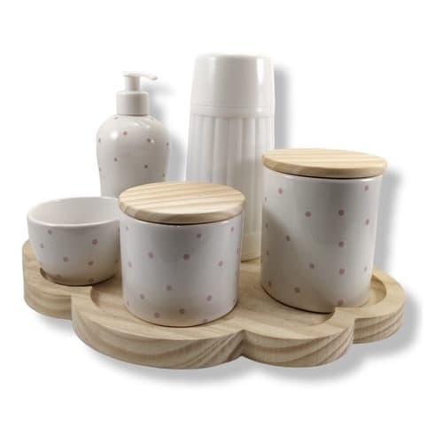 Kit Higiene Bebê Porcelana Nuvem Garrafa Termica 6 Peças Organizador Decoração Quarto Menino Menina