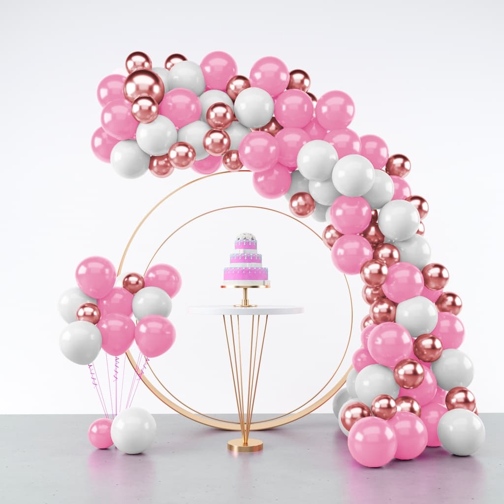 Kit 125 Balões Rosa + Branco + Rose Gold Metalizado - Balão Bexiga Liso/Cromado Para Festas e Aniversários