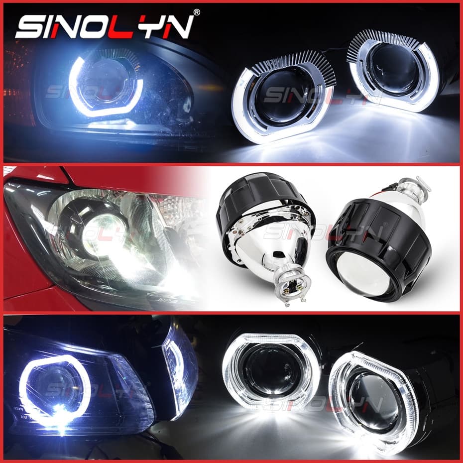 Uma Unidade Projetor Sinolyn LED Angel Eyes Bi Xenon Para Lentes De Farol H7 H4 2.5 Inch Preto H1 HID Carro Acessórios De Sinal De Volta Do