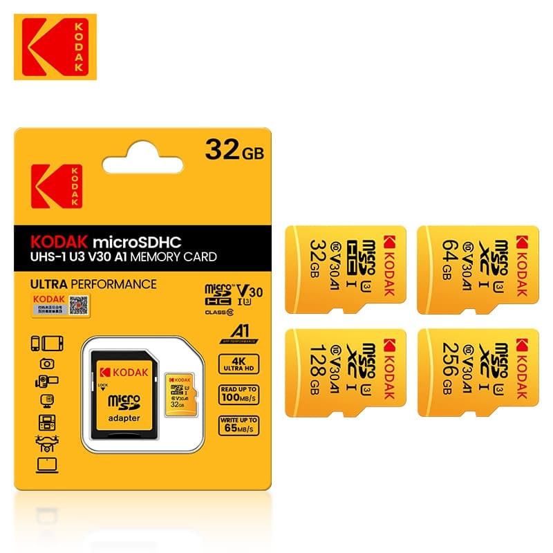 Cartão Kodak Micro SD 128GB 64GB 256 Gb 32GB De Memória De Alta Velocidade U3 A1 V30 Classe 10 TF Para Adaptad