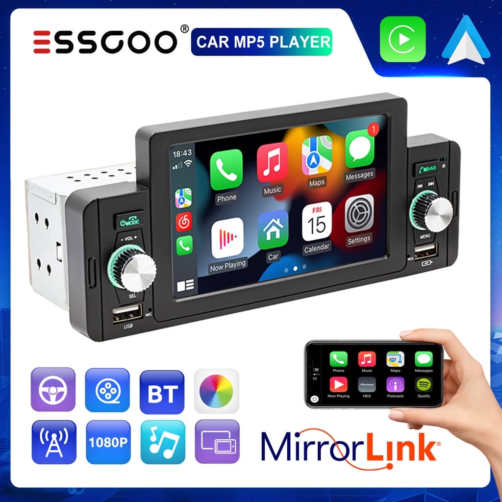 ESSGOO Rádio Estéreo De Carro 5 " HD 1 Din Com Mirror link Bluetooth MP5 Player FM/USB Touch Screen