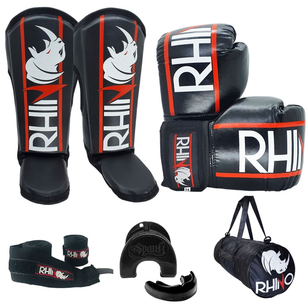 Kit MuayThai Rhino Completo Luva Bandagem 3 metros Bolsa Caneleira.