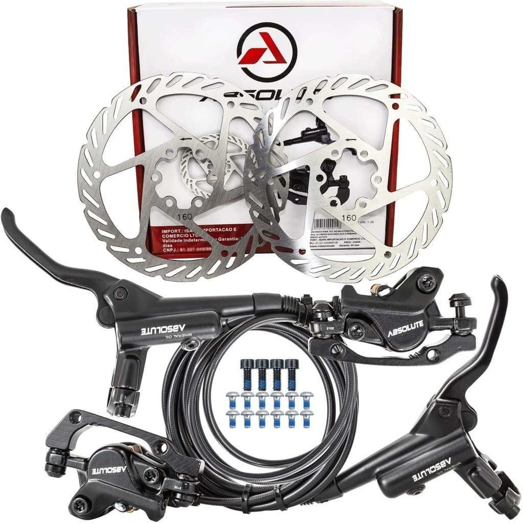 KIT FREIO A DISCO HIDRÁULICO ABSOLUTE WILD COMPT PAR + DISCOS 160MM ÓLEO MINERAL PRONTO P/ USO MTB