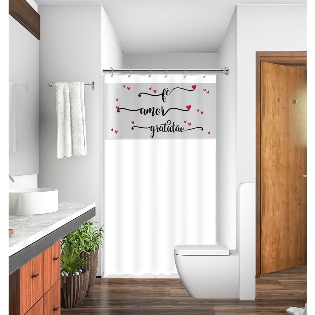 Cortina de Box Fé, Amor e Gratidão Anti Mofo Resistente Alta Qualidade 100% PVC Várias Cores