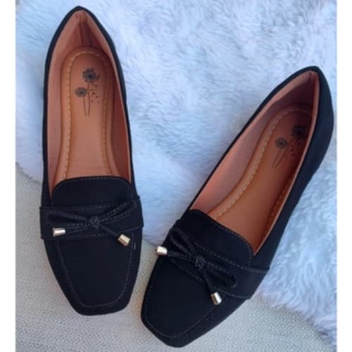 Sapatilha Mocassim  bico quadrado Nobuck Sintético Preto CONFORT