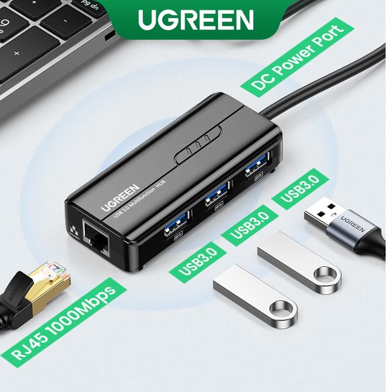 Adaptador Ethernet UGREEN USB 1000/100Mbps Para RJ45 USB3.0/2.0 HUB PC Portátil Xiaomi Mi Box S Cartão De Rede Nintendo