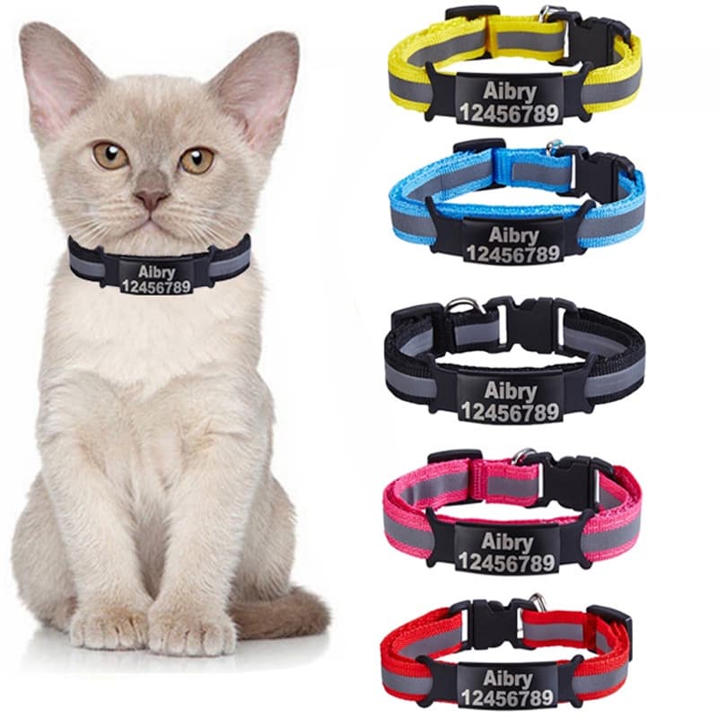 Nome Da Identificação Personalizada Tag Cat Collar Bell Necklace De Segurança Nylon Refletivo Kitten Placa De Gravada