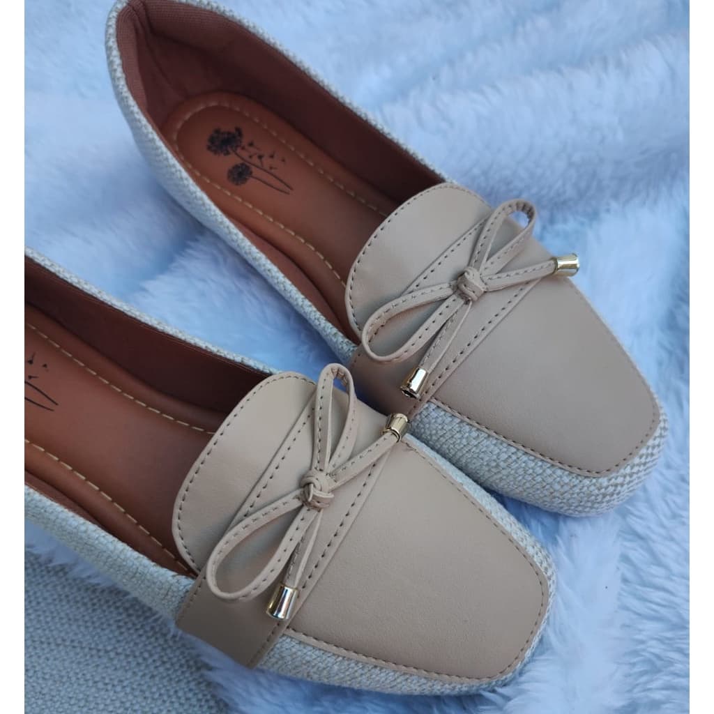 Mocassim bico quadrado Juta Lona Bege Nobuck Nude Bege Confort