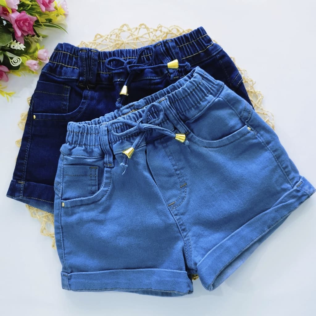 Shorts Jeans Elástico Feminino Infantil Bolsos Verão Lycra